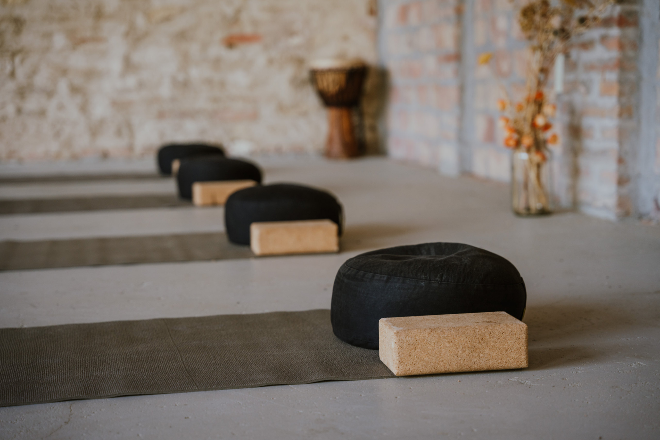 Meditation cushions and yoga mats laid out in the Vidovina studio lounge
